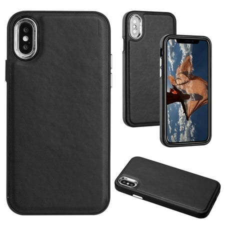 ELEHOLD Leather Case For iPhone XS/X,Premium Leather Material Slim Lightweight Camera Protection Full Body Shockproof Luxury Case,Black