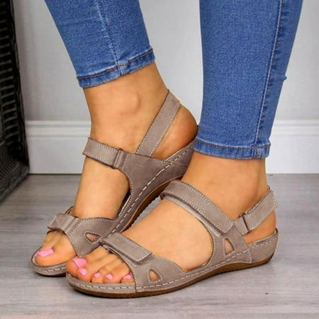 

FAFWYP Women s Summer Open Toe Sandals Solid Color Hollow Out Platform Wedge Slides Adjustable Strappy Comfortable Soft Velcro Cushioned Outdoors Shoes with Arch Support