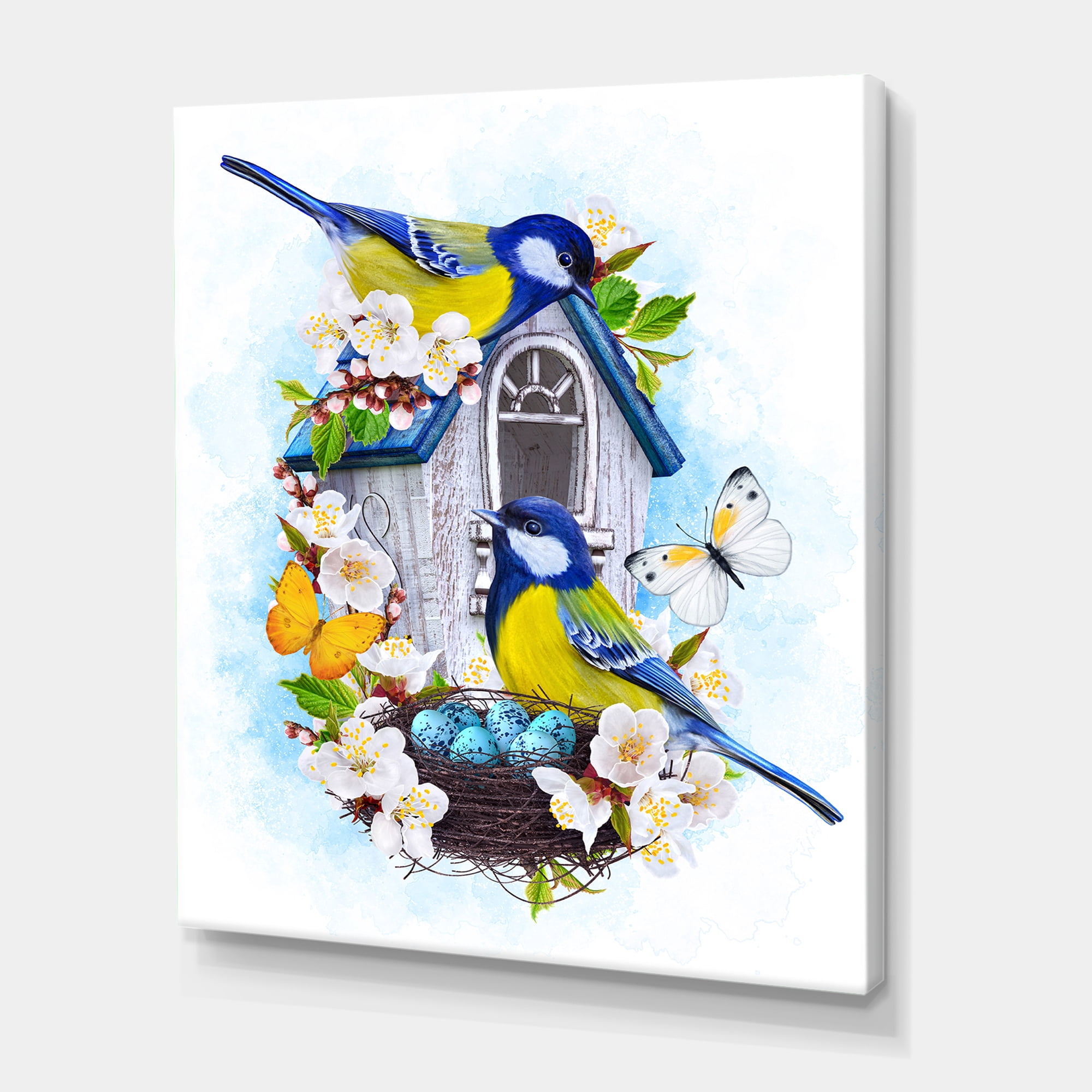 Two Tit Birds Sitting Near The Nest With Eggs and White Flowers I 12 in x 8 in Painting Canvas Art Print, by Designart