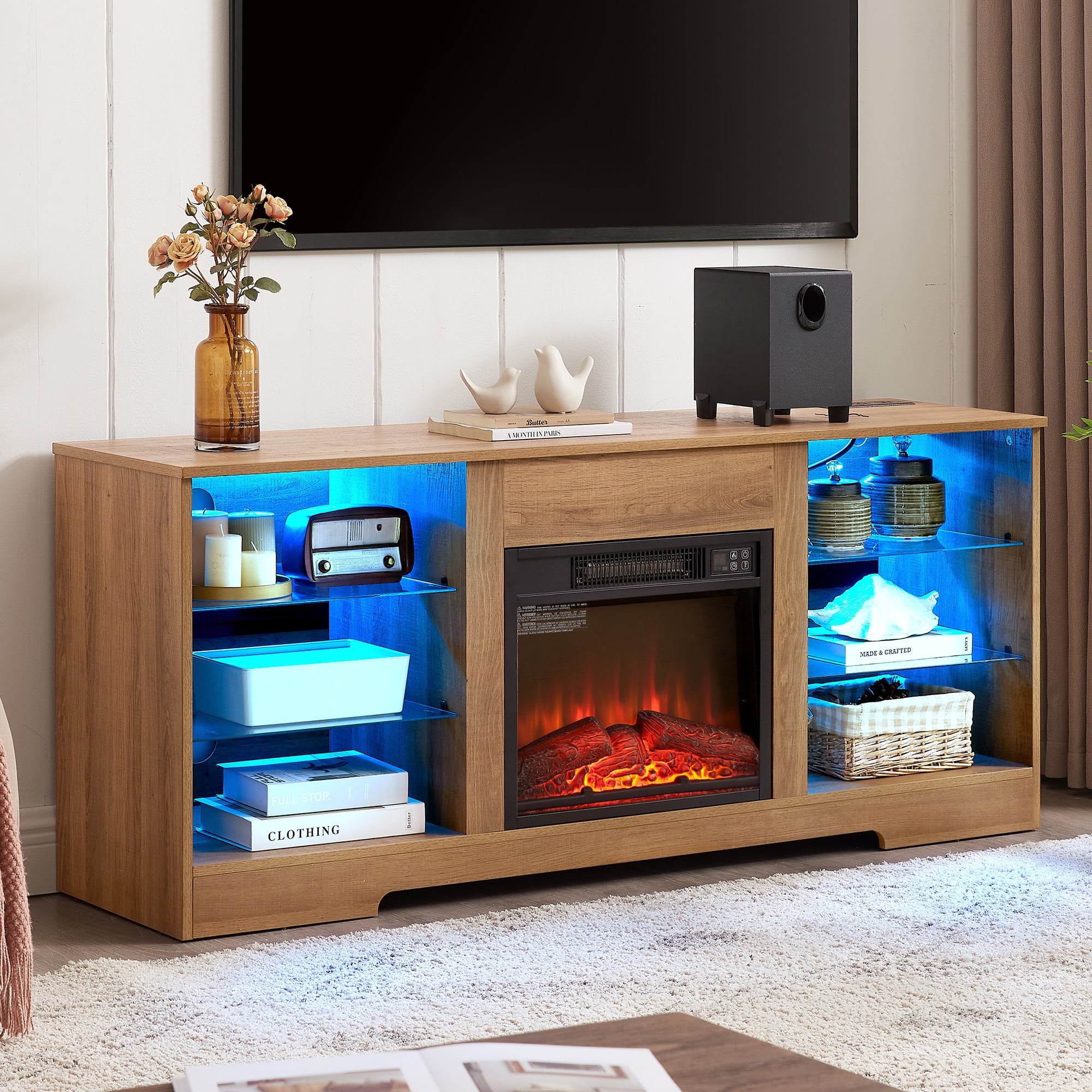 PAPROOS Fireplace TV Stand for 65 Inch TV, Farmhouse Entertainment Center with 18'' Fireplace, Electric Fireplace TV Stand with LED Light & Charging Station, TV Console for Living Room, Oak