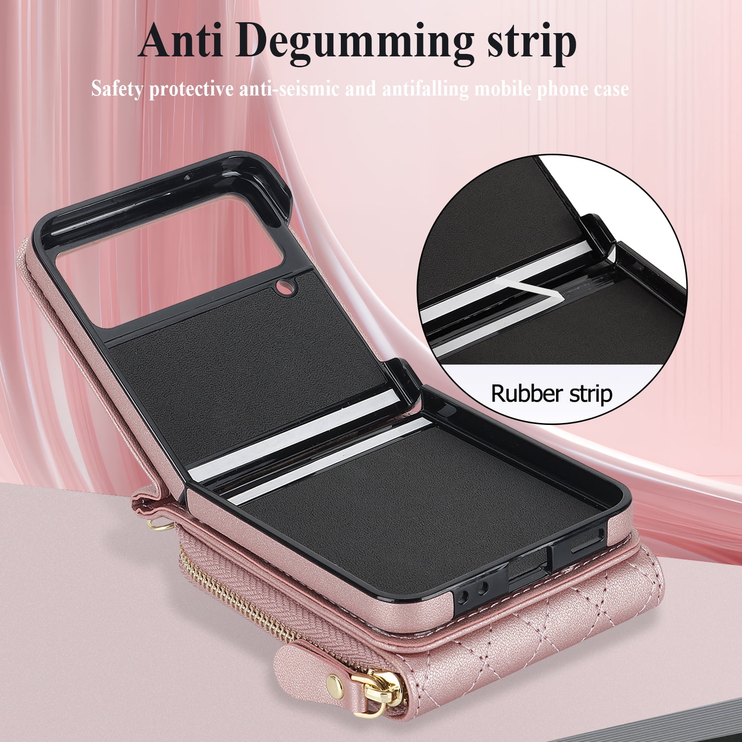 for Samsung Galaxy Z Flip 3 Crossbody Wallet Case with Card Holder 8-Card Slots Wallet Case with Adjustable Strap Soft PU Leather Protective Zipper Phone Case for Women Girls,Rosegold