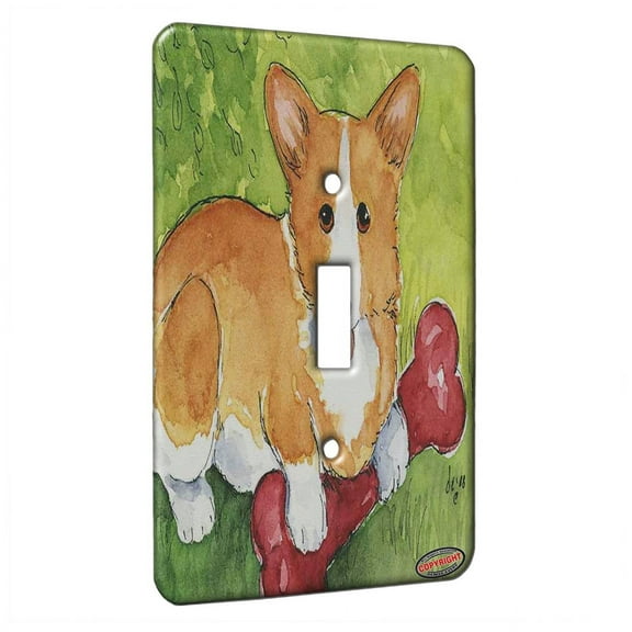 KuzmarK™ Single Gang Toggle Switch Wall Plate - Welsh Corgi with Big Red Bone Dog Art by Denise Every