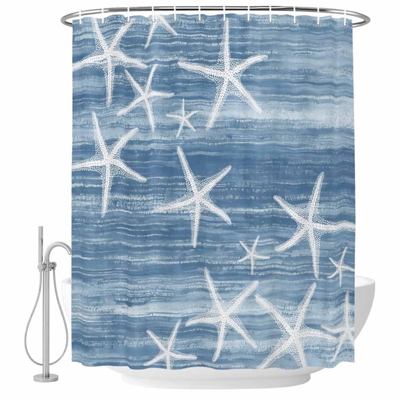 Shower Curtain Blue Starfish Bathroom Curtains with Hooks, Waterproof Fabric Summer Ocean Beach Bath Shower Curtains Set for Bathroom Bathtubs Decor 72x72 Inch