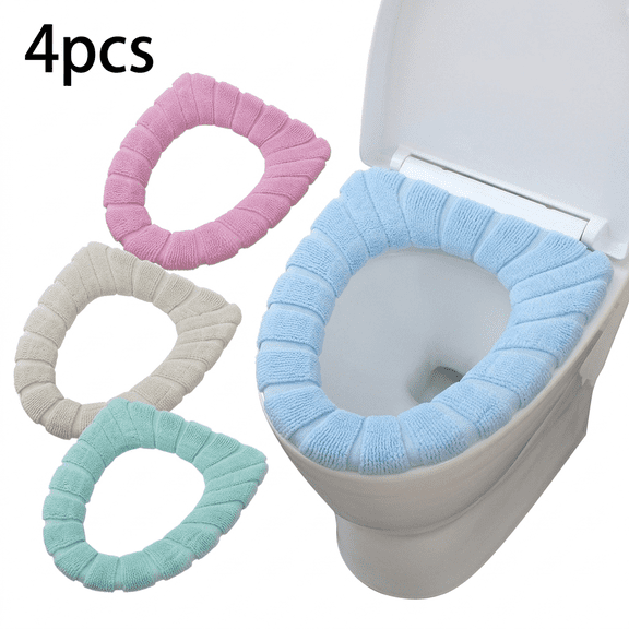 ROSEXIXI Toilet Seat Cover 4pcs Padded Round Cushion – Soft Stretchable Knitted Lid Cover for Bathroom Washable and Reusable