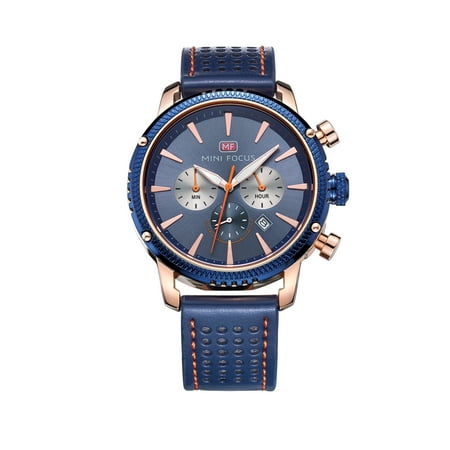 Mens Quartz Watch Blue Dial Leather Strap Minute Subdial Date Display for Friends Lovers Best Holiday Gift