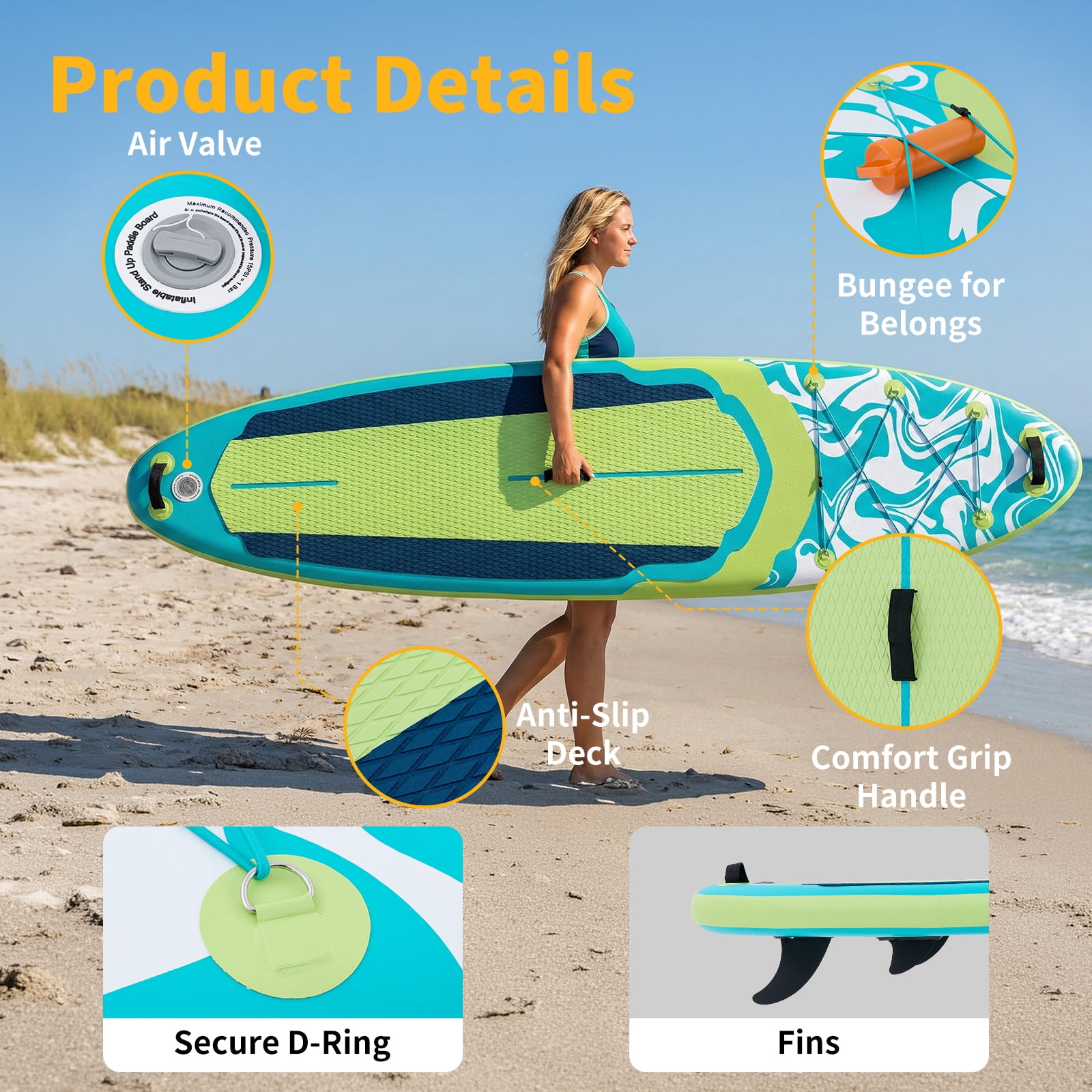 JIOABL 10'5" Inflatable Stand Up Paddle Board, Wide Stable Design, Non-Slip Deck, with Premium SUP Paddle, Pump, Backpack & Leash, Green Blue