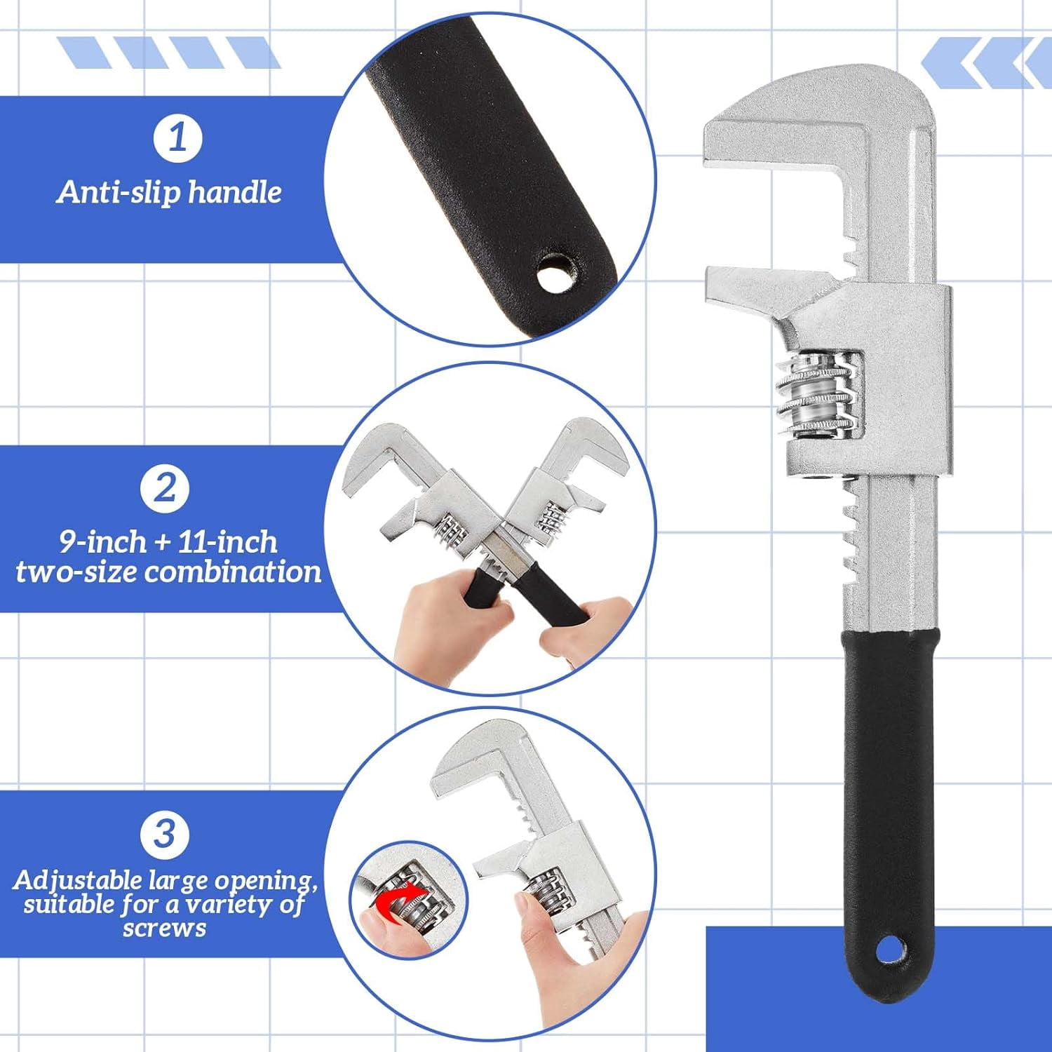 2 Pcs Adjustable Wrench Set 9 11 Inch, Wide Jaw Adjustable Wrenches Opening up to 2.9 Inch Versatile Use in Auto, Plumbing and Household Repairs, Construction, Garage, Workshop