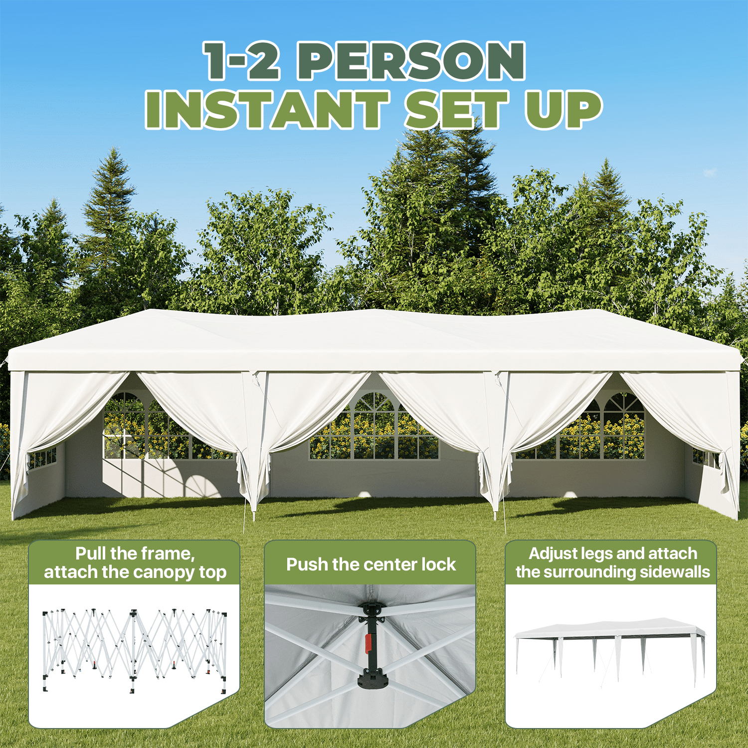 BaPiPro 10'x30' Pop up Canopy Tent, Folding Outdoor Party Event Tent with 8 Removable Sidewalls, 5 Windows, Portable Instant Shelter Canopy Gazebo, White