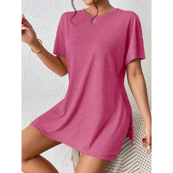 Summer Fashion Womens Two-Piece Set Solid-Color Casual Round-Neck Slit Top And Tight Shorts