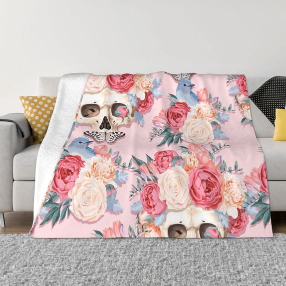 XMXT Throw Blanket, Skeleton Butterflies Rose Watercolor Machine Washable Blankets for Sofa, 80 x 60 inches