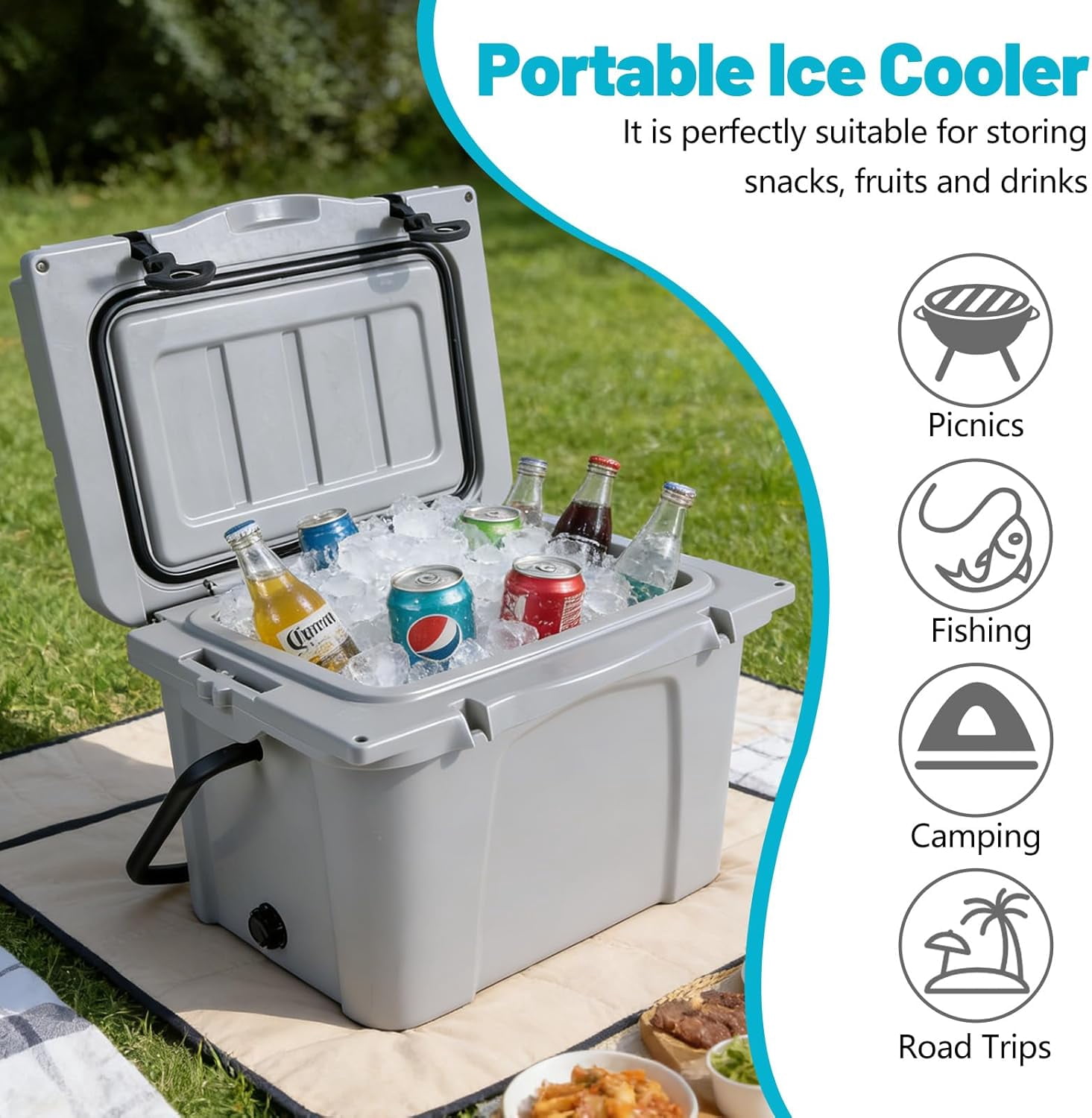Elleree 25 Quart Hard Cooler, Portable Ice Chest with Bottle Opener, Cup Holder & Ruler,Heavy-Duty Beach Cooler for Camping, Fishing, Picnic, BBQ