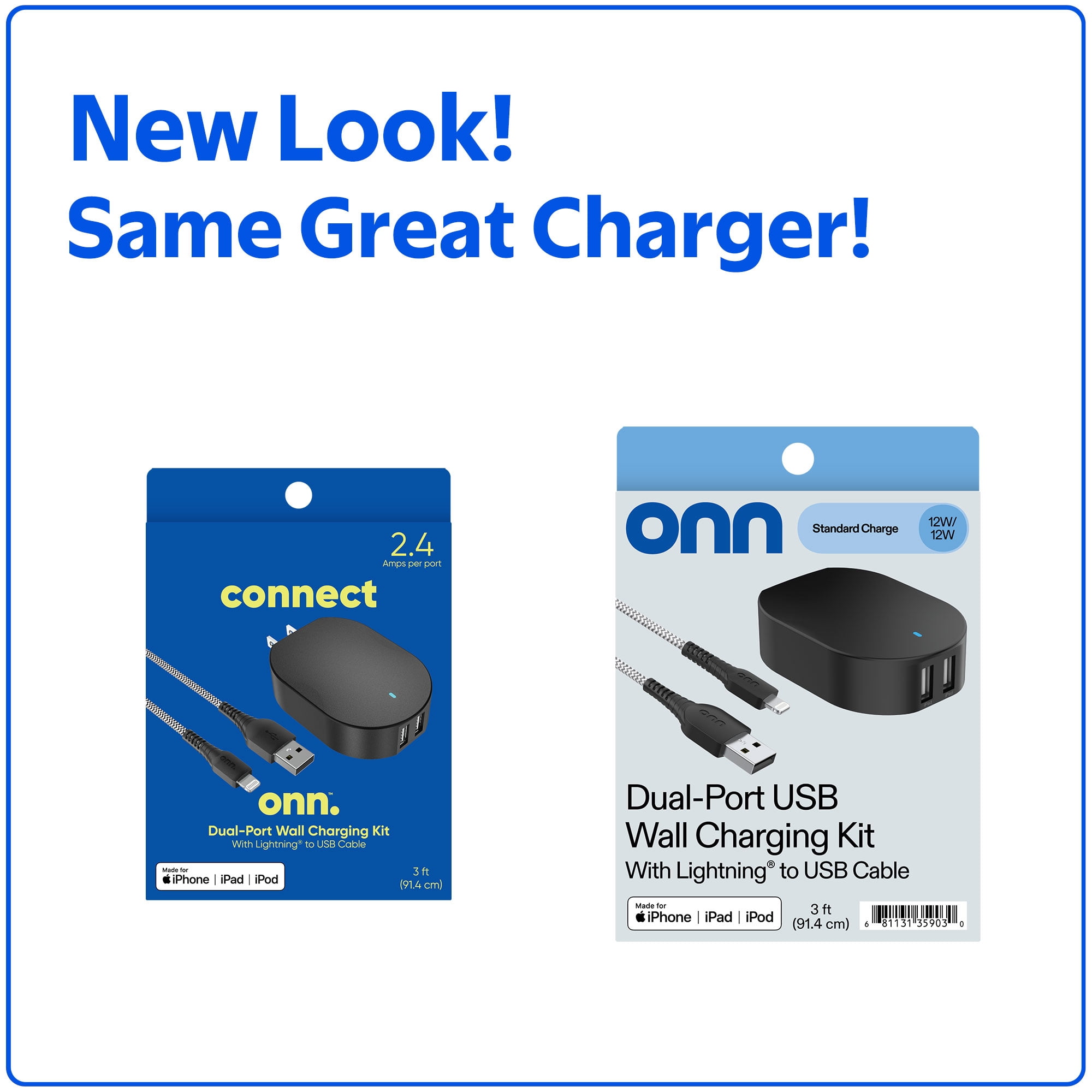 onn 24W Dual USB-A Port Wall Charger with 3ft Lighting Cable to USB, MFI Certified, Foldable Plug, Black - Compatible with iPhone 14/13/12/11/X/XR/XS/8/7/6/5, iPad, Airpods, and more