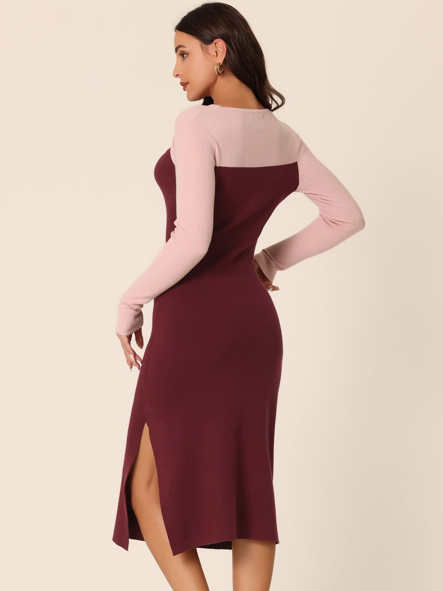 DARING DIVA Crew Neck Stretch Cutout Midi Sweater Dress L Pink-Wine Red