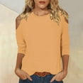 thumbnail image 2 of Yxbdin Cold Shoulder Blouses for Women Casual Crew Neck Basic Shirts Comfy 3/4 Sleeve Solid Color Tshirts Outdoor Vacation Outfits for Fall, 2 of 7