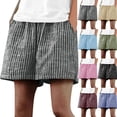 thumbnail image 4 of Women Cotton Linen Shorts Comfy Wide Leg High Waist Striped Shorts Summer Casual Loose Beach Shorts with Pockets, 4 of 6