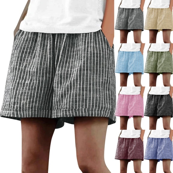Axiiglly Bermuda Shorts for Women Striped Cotton Linen Elastic Waist Summer Casual Shorts with Pockets, S-3XL