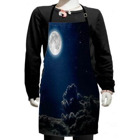 

Galaxy Kids Apron Moon and Stars in Midnight Sky Starry Night with Clouds Milky Way Art Boys Girls Apron Bib with Adjustable Ties for Cooking Baking Painting Grey Dark Blue by Ambesonne