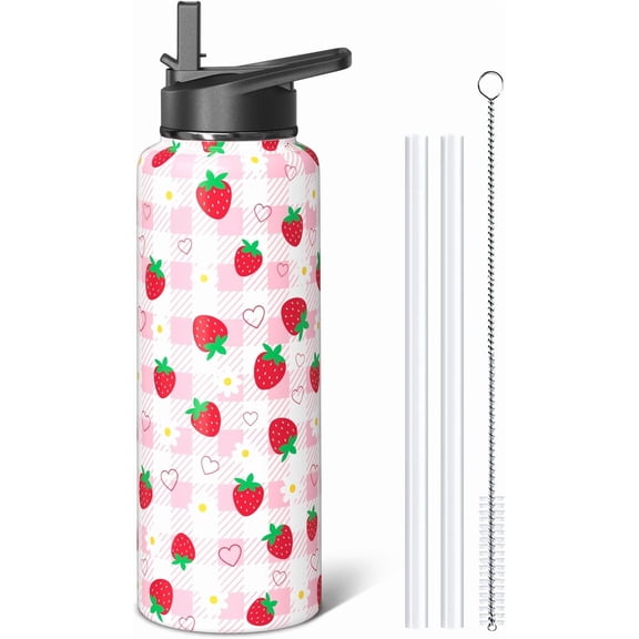 Strawberry Gifts 40oz Sport Water Bottle with Flip Straw & Spout Lid, Pastel Plaid Stainless Steel Insulated Gym Water Bottle, Cute Fruit Lover Gifts for Women Girls (1 PC)
