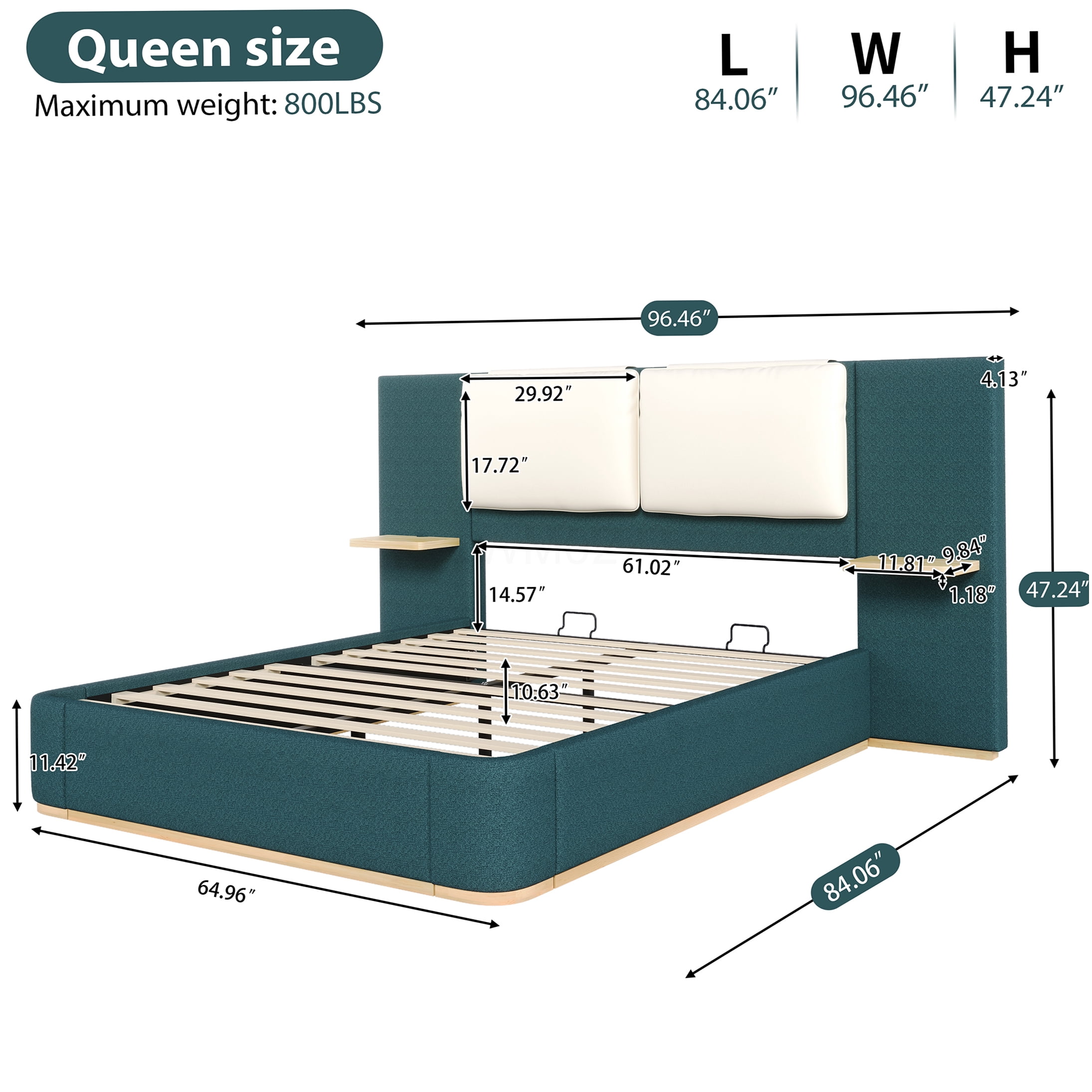 Green Upholstered Queen Bed Frame with Storage Shelves and Headboard