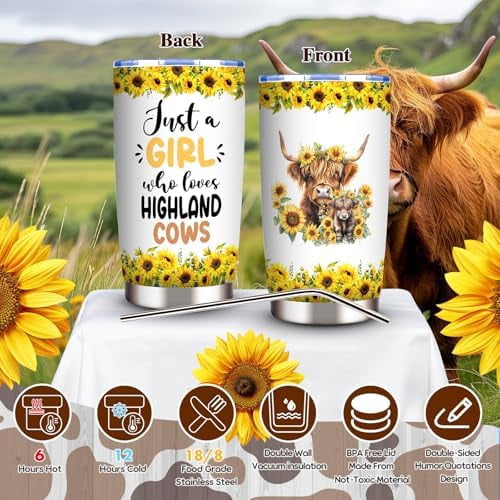 Highland Cow Gifts Set for Women, Highland Cow Themed Stuff Set with 20 Oz Tumbler Makeup Bag Candle Socks Hair Claw Clips Keychain Earrings Necklace for Highland Cow Lover Birthday Christmas Gifts