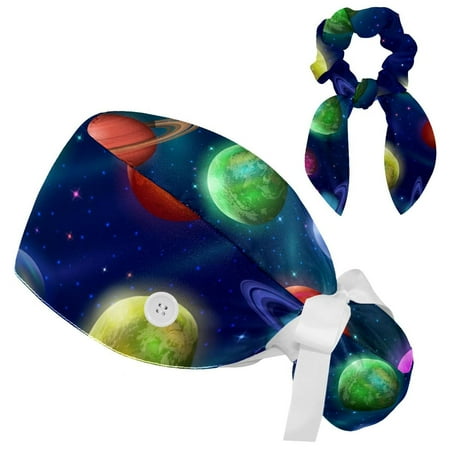 

Working Cap with Buttons and Sweatband Scrub Hat Bouffant Caps with Scrunchie Planets and Moons Space Tie Back Hats