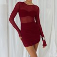 thumbnail image 1 of Vestido De Manga Larga Vestido ajustado para mujer Elegante vestido plisado Cuello redondo Traje de vacaciones transparente Cgtredaw Vino Tinto L para Mujer, 1 of 1