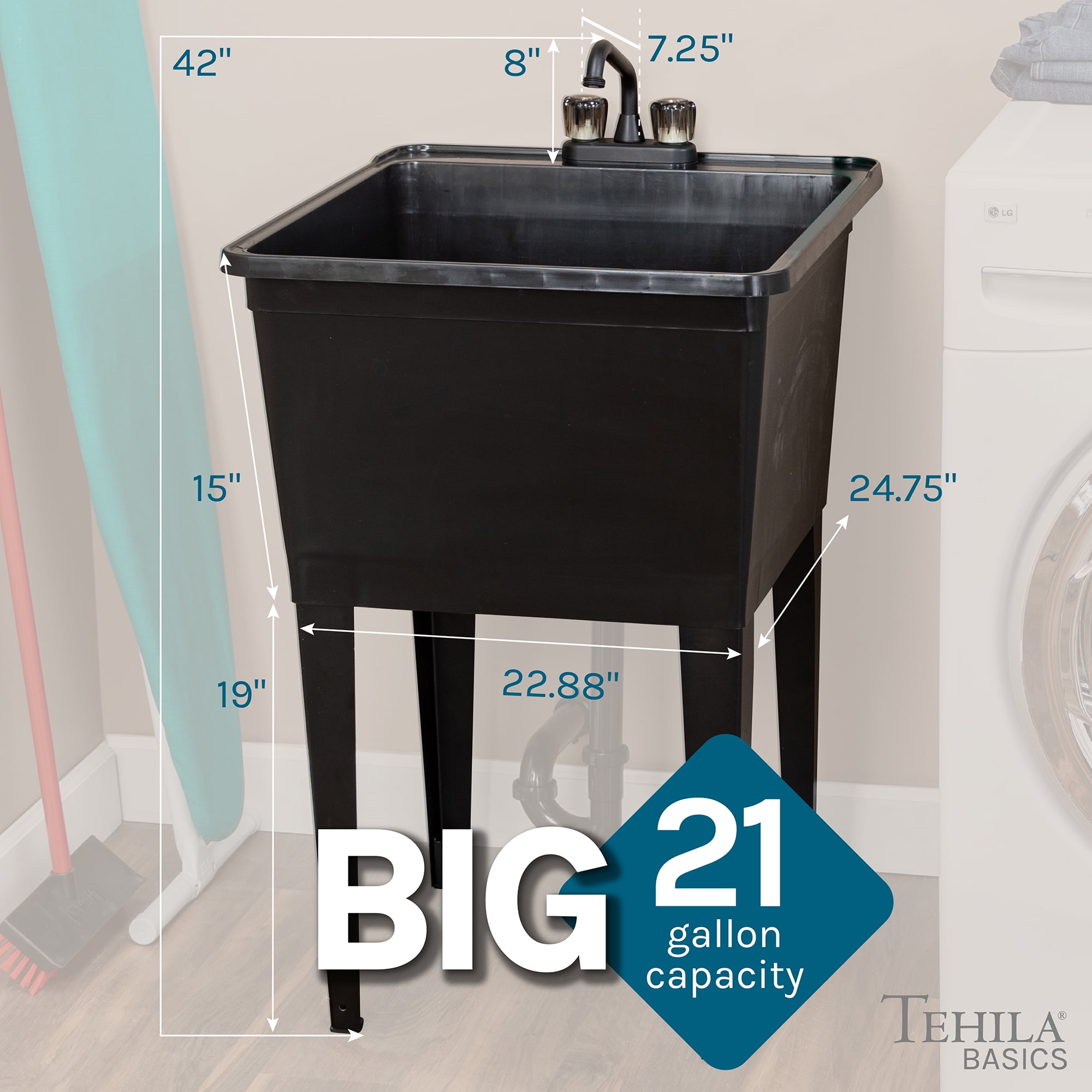 Tehila Black Freestanding Utility Sink with Rust-Proof Steel Legs and Adjustable Levelers for Laundry Room