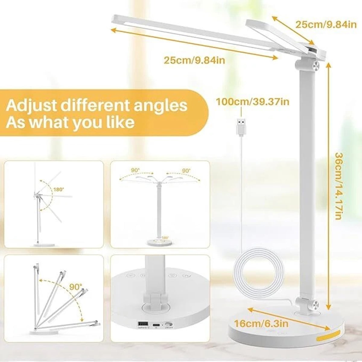 Eurhowing Dual-Head LED Desk Lamp, 10W USB Charging Lamp, 5-Level & Timer Eye-Caring Desk Light for Gaming, Office, Study