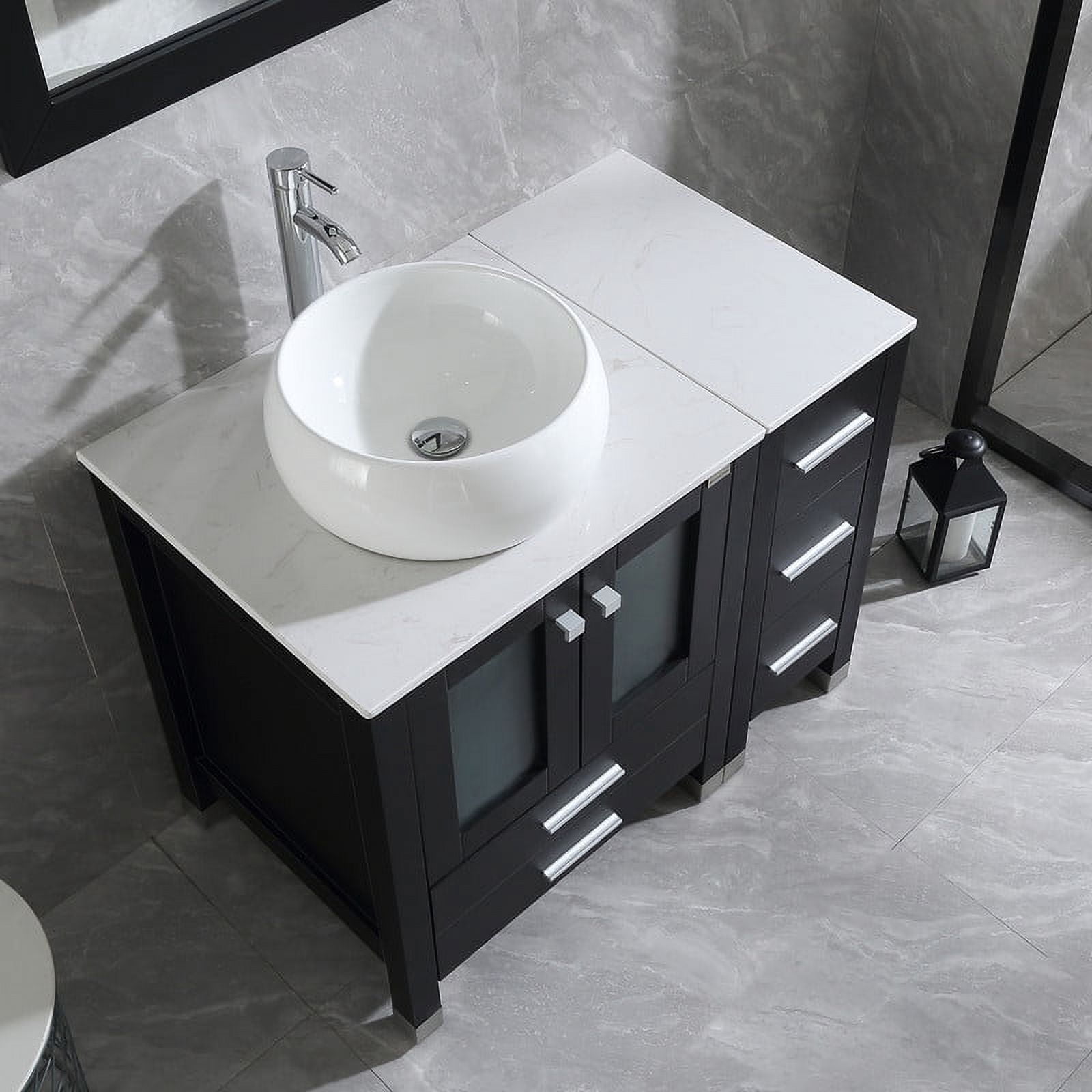 Wonline 36" Luxurious Bathroom Vanity and Sink Combo Wood Cabinet Top Round Ceramic Vessel Sink Faucet Drain Combo with Mirror Vanities Set,Black