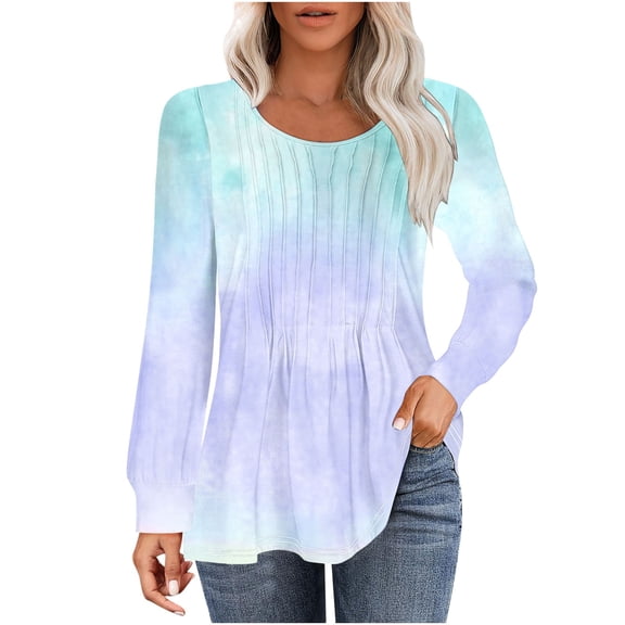 Lmnyox Women's Long Sleeve Tunic Tops Pleated Round Neck Blouses Lightweight Soft Tops Fall Clothes