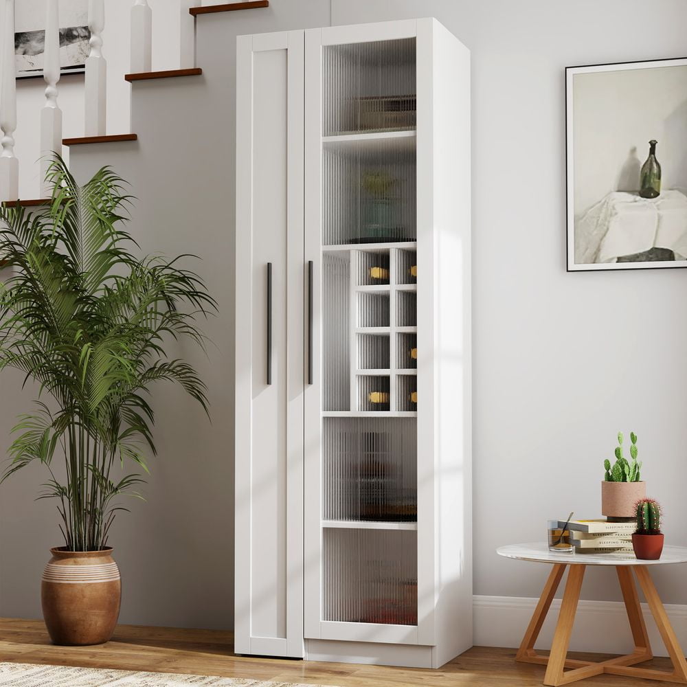 LUMAMIN Pull-Out Kitchen Pantry Cabinet with 5-Tier Shelf, 71" Freestanding Narrow Glass Door Storage Cabinet Cupboard Organizer for Coffee Bar, Dining Room, White