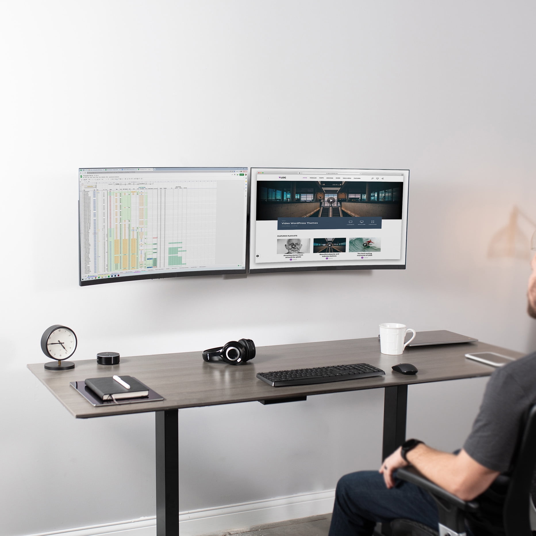VIVO White Steel Telescoping Flush Wall Mount for Dual 21"-32" Computer Monitors