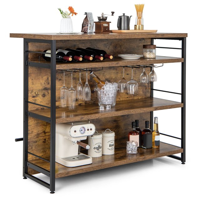 Gymax Industrial Kitchen Island Bar Table 4-Tier Wine Rack with Glass Holders