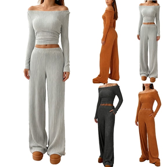 FRSASU Women's Cable Knit Sweater Lounge Set – Long Sleeve Pullover Top with Wide Leg Pants, 2 Piece Cozy Outfit Gray