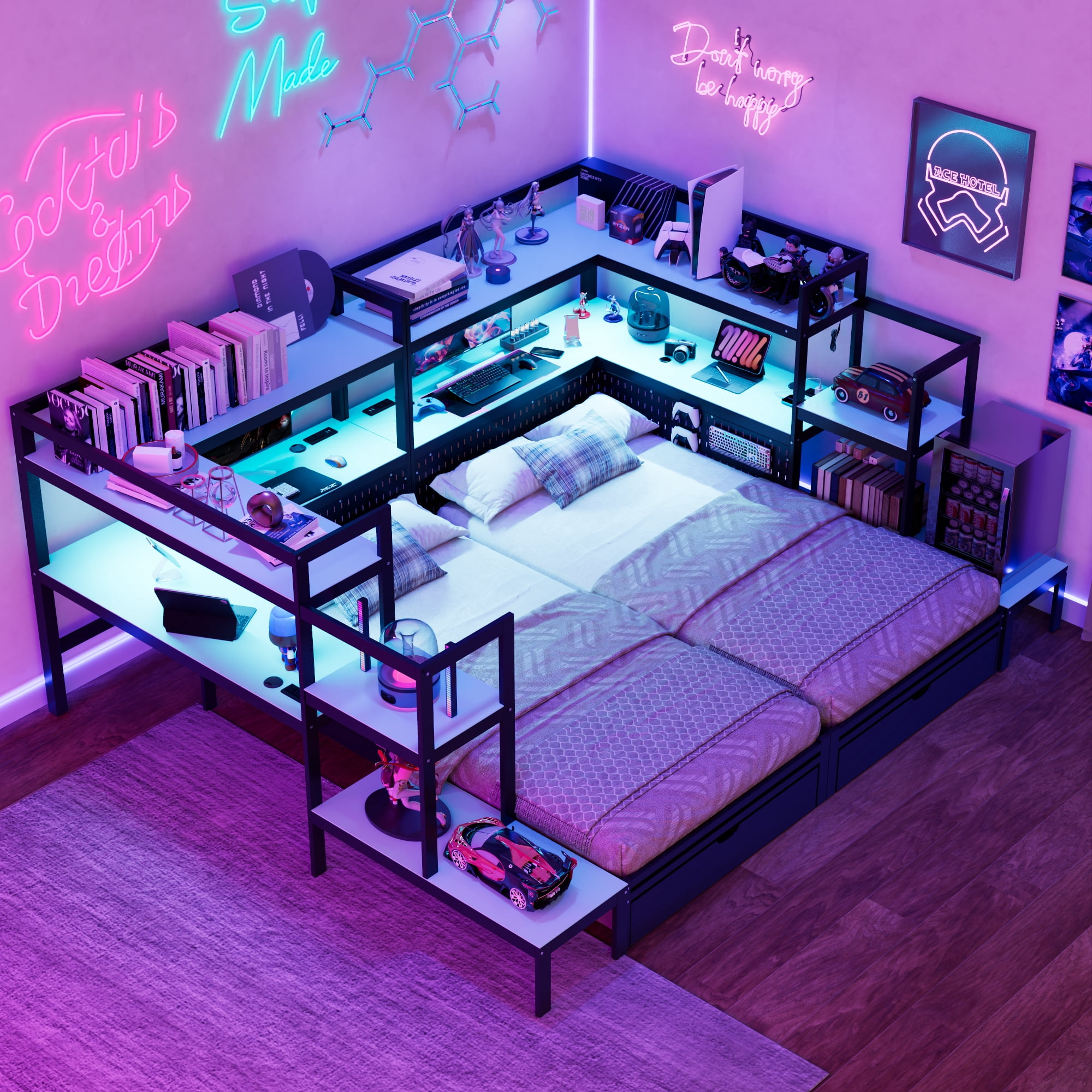 Mintazer Twin LED Gaming Daybed Storage Platform Bed with Charging Station & Integrated Desk Bookshelves and 3 Drawers for Kids Teens, Black & Blue