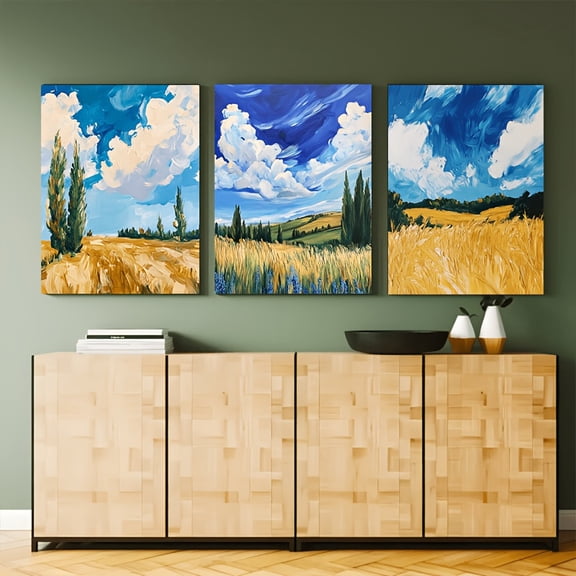 3pcs Set, Frameless Fun Canvas Wall Art of Wheat Fields and Cypress Trees - Suitable for Home Bedroom Kitchen Living Room Bathroom, Hotel Cafe Office Decorative Poster