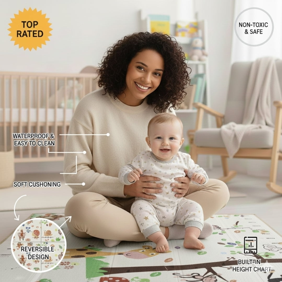 Baby Play Mat 59"*79" Foldable double side play Foam Baby Play Mat for Floor Waterproof Playmats for Babies Boy and Toddlers Infants  Crawling Mat for Indoor&Outdoor&Travel side protected