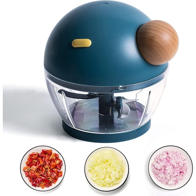 Manual Food Chopper, Manual Fruit and Vegetable Chopper with 3 Stainless Steel Blades, Mini Blender with Rope for Vegetables, Meats, Nuts, Onions (Blue)