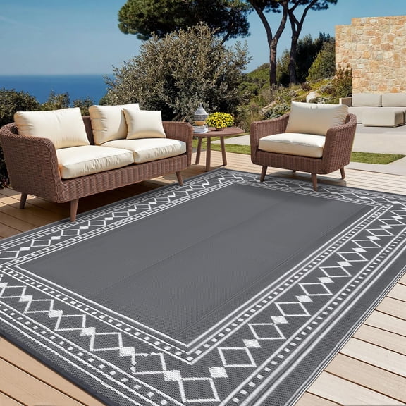 Outdoor Rug 9x18, Waterproof Reversible Plastic Straw Rug, Modern Bordered Plastic Straw Outdoor Mat, Large Outdoor Rugs Mats RV, Picnic, Backyard, Balcony, Porch, Beach, Grey/White