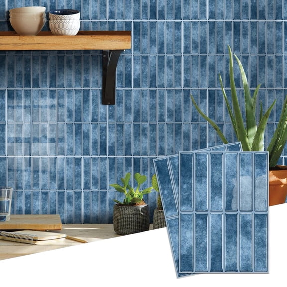 6 Piece Self Adhesive Tiles Wall Stickers Decals 6.7" x 9" Blue Geometric Pattern Waterproof Peel and Stick Backsplash Kitchen Bathroom Decor