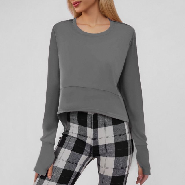 MHFRRA Sudadera deportiva de Manga Corta con Cuello Redondo y Color Liso para Mujer, Camiseta de Manga Larga Gris