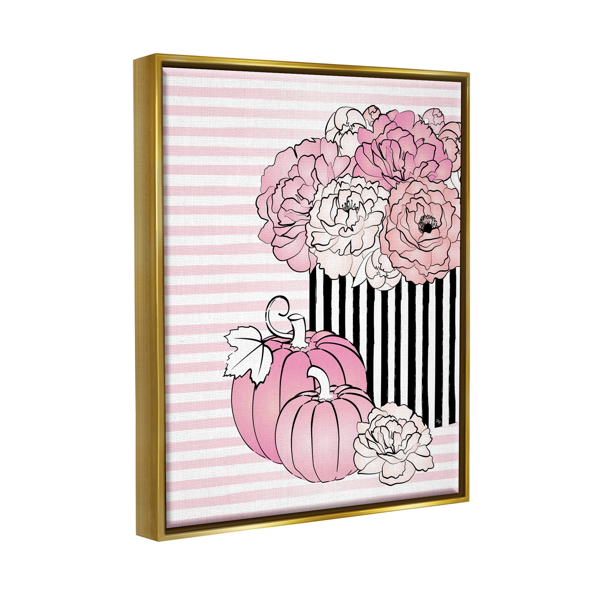 Stupell Industries Pink Florals & Pumpkins Botanical & Floral Painting Gold Floater Framed Canvas Art Print Wall Art, 25 x 31