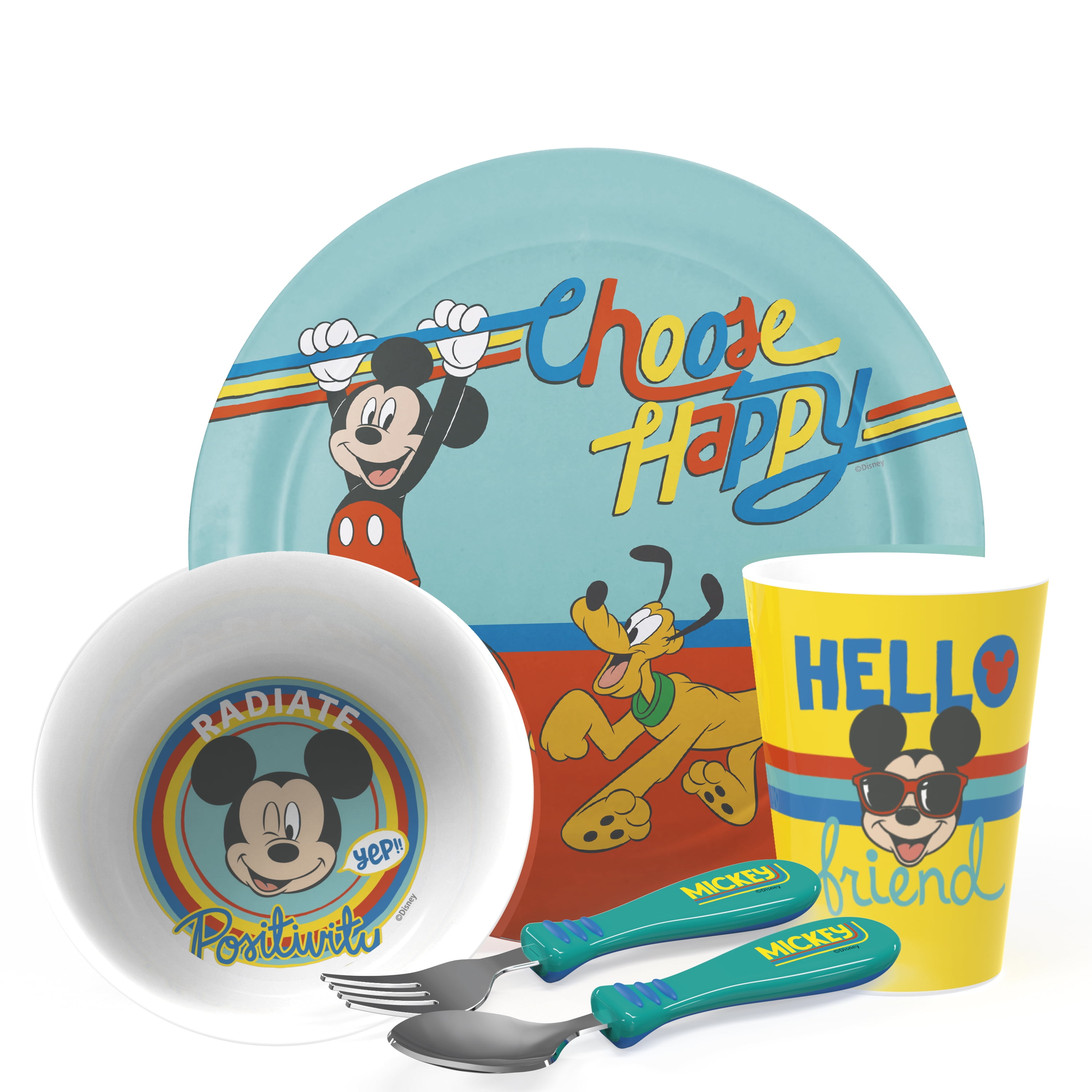 Mickey Mouse Boys Kids 5 Piece Plate Bowl Cup Spoon Fork Dinner Breakfast Set