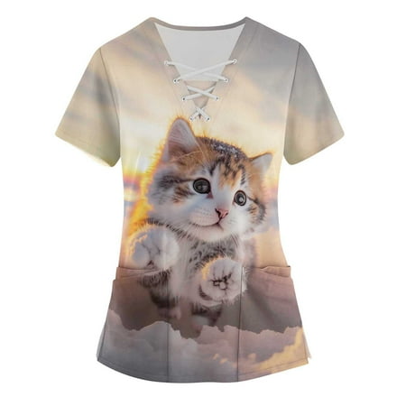 

TKing Fashion Women Plus Size Scrubs Top V-Neck Short Sleeve Rabbit Print Pockets Work Blouse for Women White M