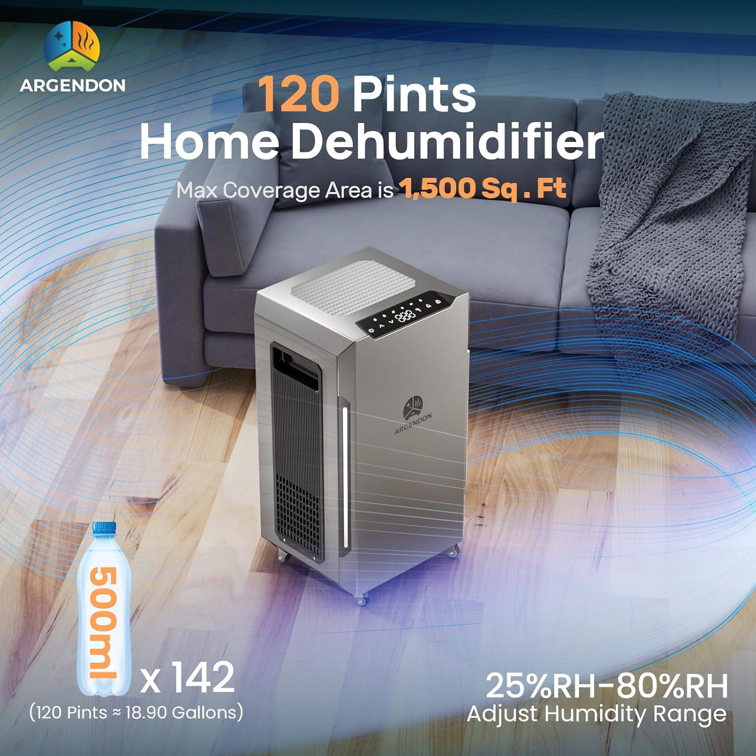 ARGENDON Commercial Dehumidifiers ,120 PPD Dehumidifier for Basementr with Pump and Drain Hose ,on Wheels,High-Capacity Moisture and Humidity Control for Homes, Industrial Use, and Large