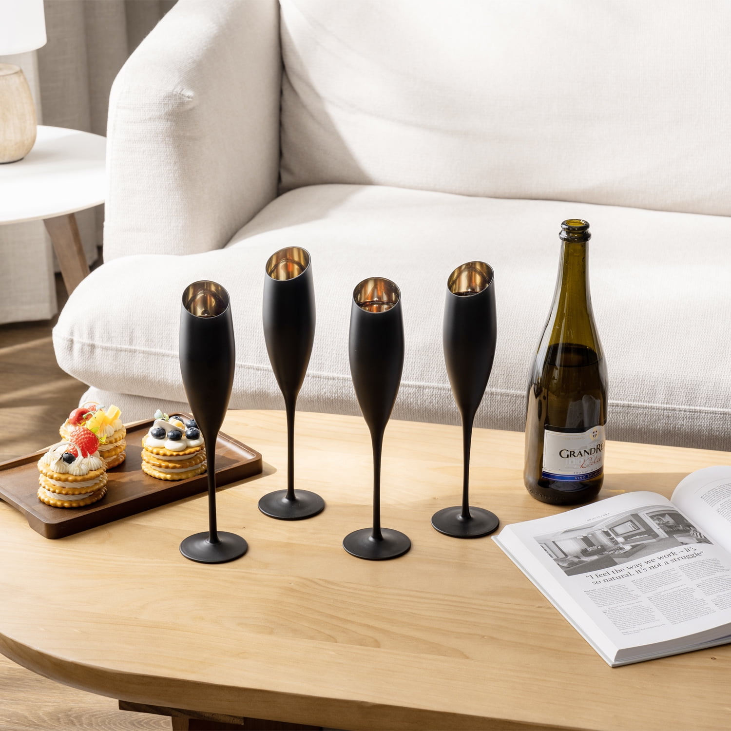 MyGift Set of 4 Matte Black and Gold Angled Rim Stemmed Glass Champagne Flutes