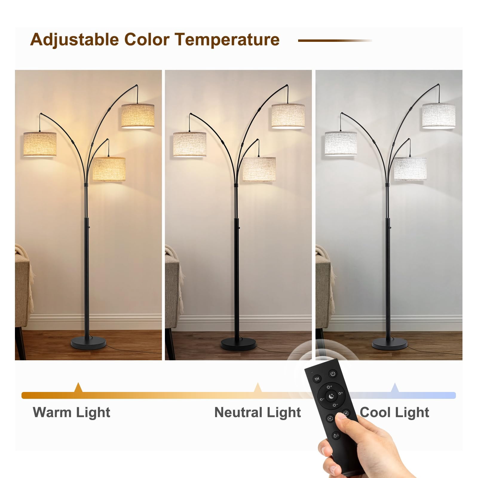 Floor Lamps for Living Room, 2400LM Super Bright Arc Floor Lamp with Remote Control, 3 Light Tall Floor Lamps with Stepless Dimmable, 80" Mid Century Tree Floor Lamp for Bedroom, Office