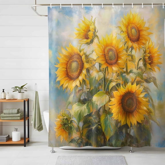 Shower Curtains for Bathroom, Sunflower Waterproof Fabric Shower Curtain, Botanical Summer Floral Watercolor Decorative Bathroom Curtain for Bathtub, 72"x72", No Hooks Included