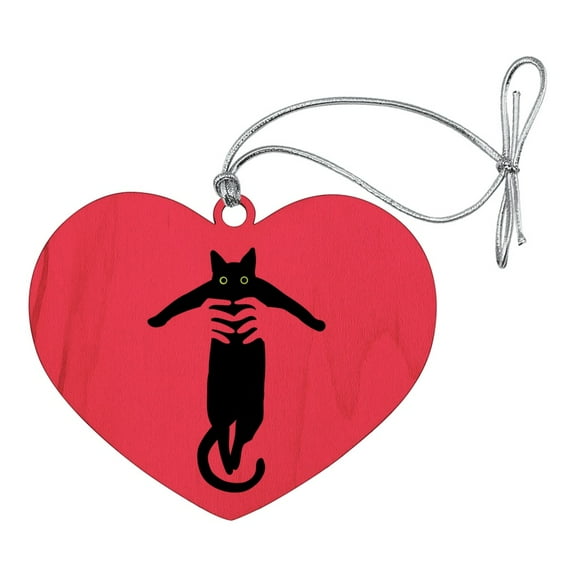 Black Cat Being Lifted Heart Love Wood Christmas Tree Holiday Ornament