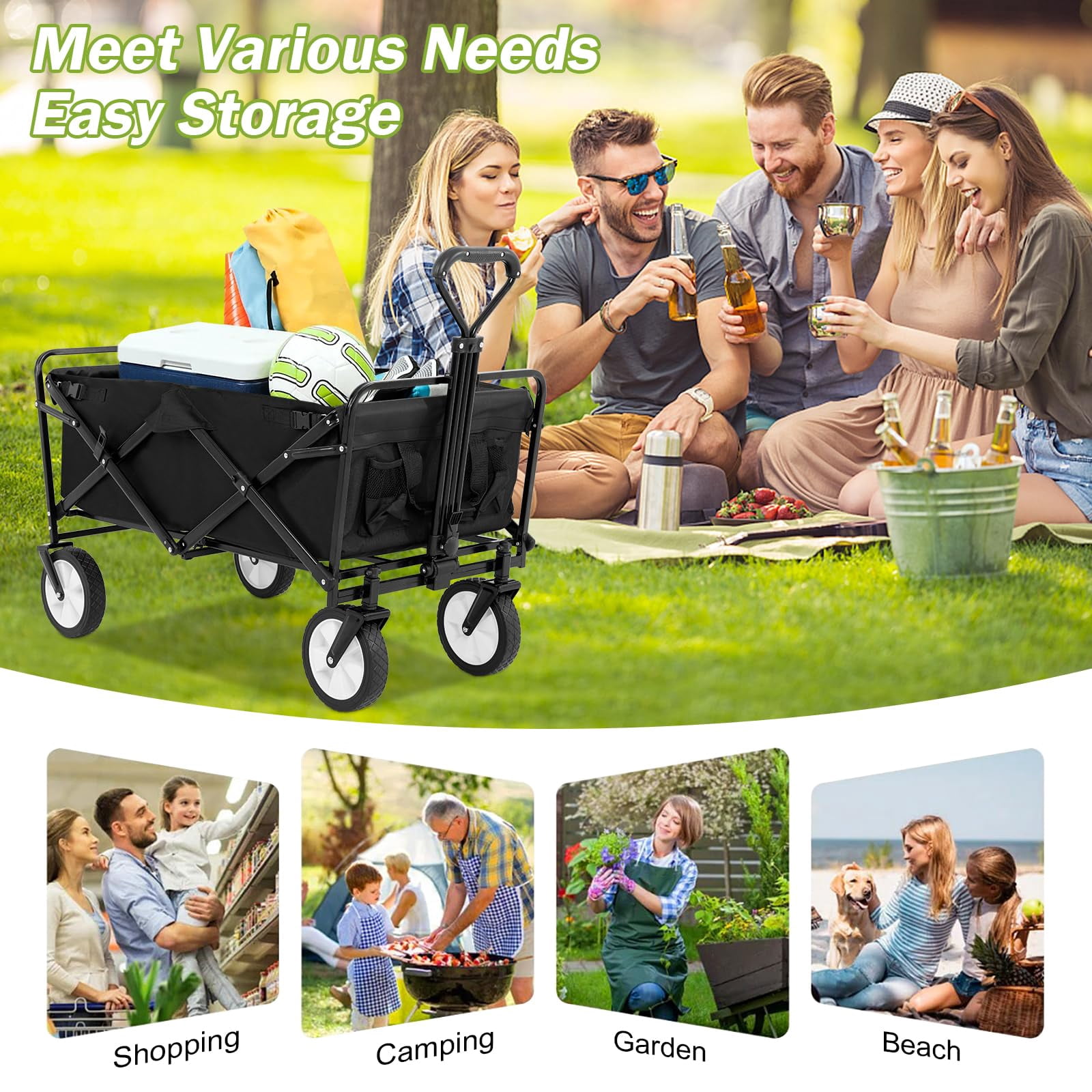 Collapsible Wagon Cart Folding Wagon Garden Cart Portable Beach Wagon with Wheels & Adjustable Handle for Garden Sport Shopping Beach Trip, Black